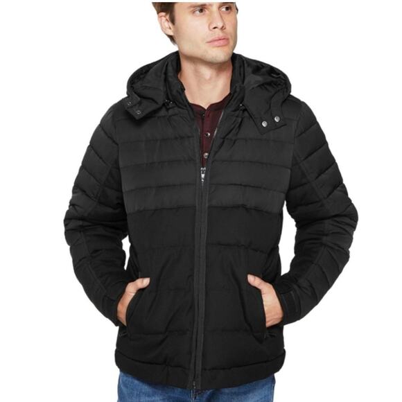 Guess Mens Puffer Coat Hooded Matthew Mixed Media Fitted All Black Size M - Picture 1 of 8